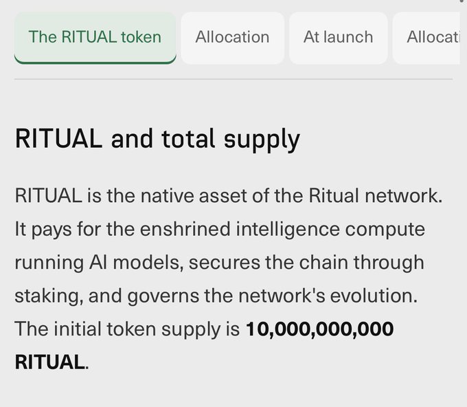 A screenshot displaying information about the RITUAL token, describing it as the native asset of the Ritual network used for AI compute, with an initial supply of 10,000,000,000 tokens.