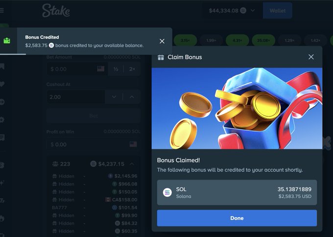 The image shows a Stake.com interface displaying two popup notifications—a "Bonus Credited" message for $2,583.75 (35.13871889 SOL) appearing as a gift icon in the top-left, and a larger "Claim Bonus" modal with a gift box graphic confirming the same bonus has been credited to the account.

This directly supports the post's claims by providing visual proof that Stake delivers "bonuses you can actually claim right away," showing a substantial 35+ SOL ($2,583.75) reward successfully credited to the user's available balance.