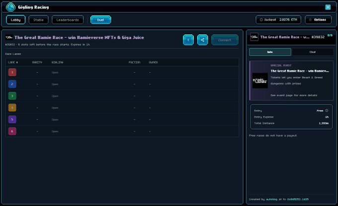 A 'Gigling Racing' lobby screen for 'The Great Ramie Race - win Ramieverse NFTs & Giga Juice' with 6 open race lanes, 835832 dots remaining, and a total contract value of 1.30e.
