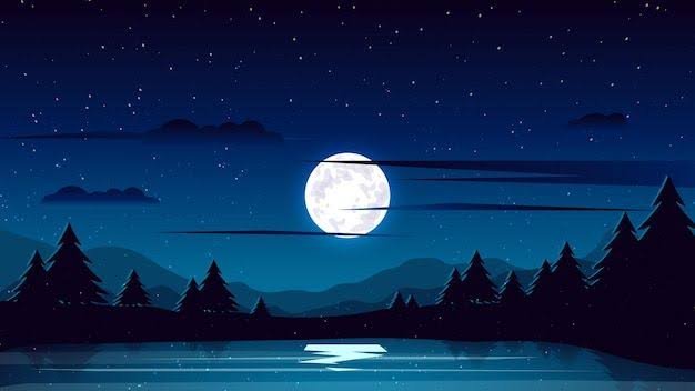 A stylized night landscape illustration showing a full moon over a dark blue scene with silhouetted pine trees, mountains, and a lake reflecting the moonlight under a starry sky.