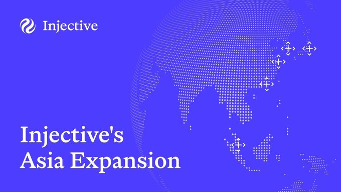 A purple promotional banner for Injective featuring 'Injective's Asia Expansion' alongside a dotted globe graphic with location markers.