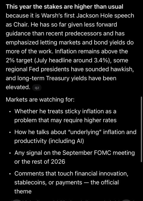 A screenshot of a financial news article discussing Jerome Powell's upcoming Jackson Hole speech, noting his first appearance as Fed Chair and highlighting concerns about sticky inflation (July headline at 3.4%) and elevated Treasury yields, while listing what markets are watching for including AI productivity impacts and the official theme on financial innovation. The post humorously frames dependence on Jackson Hole as essential to personal financial well-being, which the image supports by showing the high-stakes nature of Powell's speech and the multiple market-moving signals investors are anticipating.