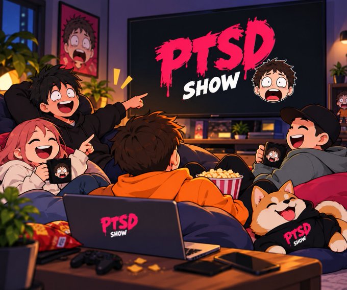 An anime-style illustration of friends watching TV together on bean bags, with the screen and a laptop displaying 'PTSD SHOW' in red text.