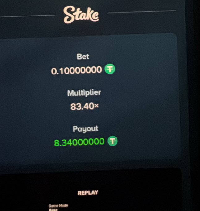 A screenshot from the Stake gambling platform showing a successful bet with a 0.10000000 T wager, an 83.40x multiplier, and a payout of 8.34000000 T, with a 'REPLAY' button below.