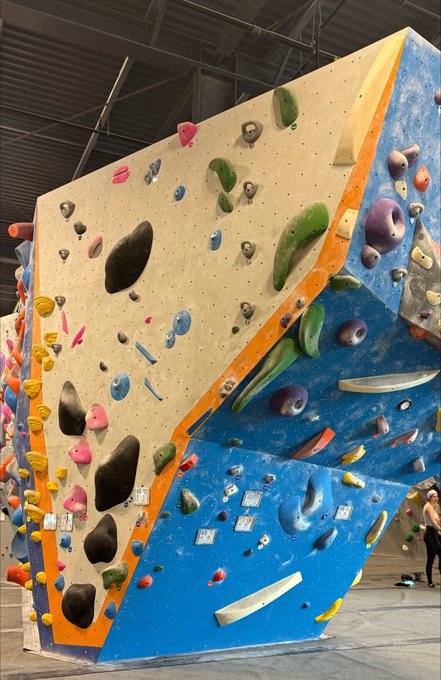 An indoor bouldering wall with various colorful climbing holds on a white and blue paneled surface.