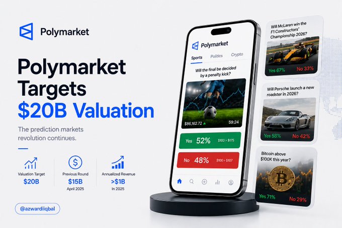 Polymarket promotional graphic reading 'Polymarket Targets $20B Valuation' with stats showing $15B previous round (April 2025), >$1B annualized revenue, alongside a phone mockup displaying prediction markets on F1, Porsche, and Bitcoin.