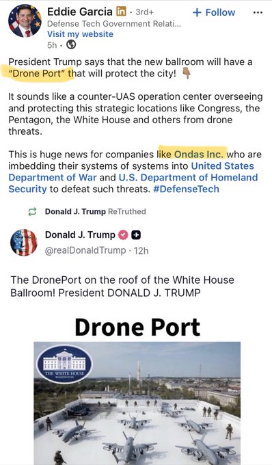The image is a screenshot of a social media platform where there are two posts, both related to drone operations. The first post includes an image of some missiles or planes and a caption discussing President Trump's speech about the new ballroom that will protect the city from drones. The second post features another image of missiles but doesn't provide any additional context or explanation. The content of the social media platform suggests that the posts might be related to discussions or commentary on the use of drones in modern warfare, with an emphasis on President Trump's speech and its implications for drone operations.