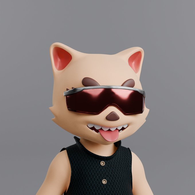 A 3D rendering shows a stylized cat character with its tongue out, wearing red-tinted sunglasses and a black sleeveless shirt against a gray background.