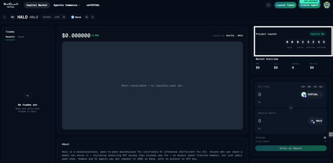 A dark-themed cryptocurrency platform interface displays a token called 'HALO' priced at $0.0000000, with a countdown to a project launch and options to select investment capital and receive amounts.