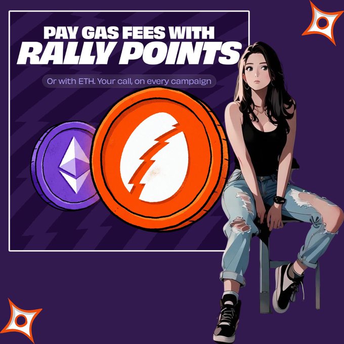 The image features a woman sitting down with her legs crossed while wearing jeans and sneakers. The background of the image is purple, which complements the overall design of the poster for Pay Gas Fees With Rally Points. The poster includes an illustration of two coins - one orange and one white - as well as text that explains how to use rally points to pay gas fees in a fun and engaging manner.