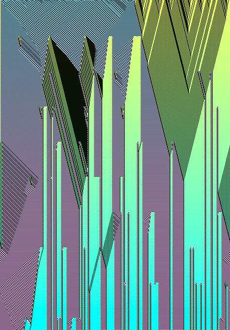 An abstract digital art piece featuring geometric shapes and vertical lines in shades of green, teal, and gray.