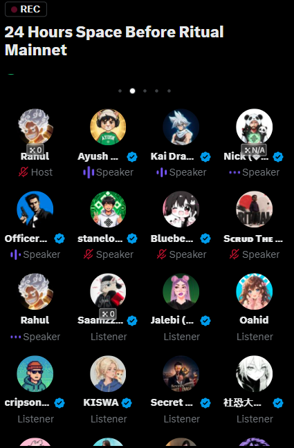 A Twitter Spaces screenshot titled "24 Hours Space Before Ritual Mainnet," showing 16 participants including host Ramut, speakers Ayush, Kai Dra, Nick, Officer, stanelo, Bluebe, Scrud The, Rahul, Saam, and listeners Jalebi, Oahid, cripson, KISWA, Secret, and 杜怼大, with the post noting only 5 hours remain for the community to join and discuss the upcoming Ritual Mainnet launch.