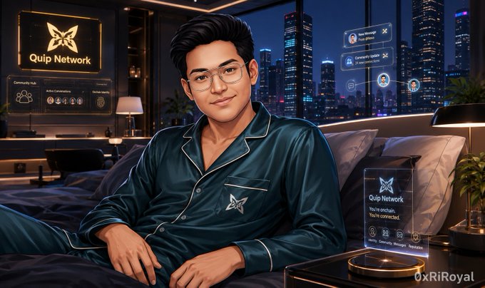 The image features a man wearing pajamas sitting on a bed with his legs crossed. He has glasses on and appears to be posing for a picture. The background of the image shows a city skyline at night, indicating that they are located in an urban area. There is also a poster or sign visible in the scene, which seems to be related to the Quip Network logo.