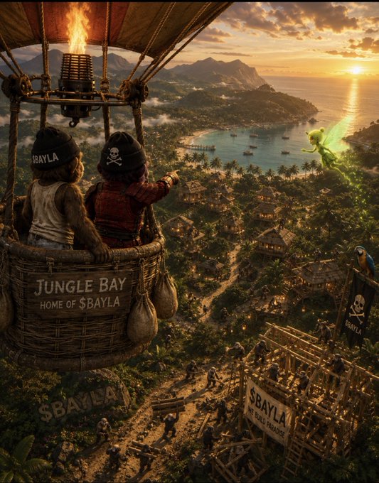 Two pirates in a hot air balloon basket labeled 'JUNGLE BAY HOME OF $BAYLA' overlook a tropical island settlement with construction sites bearing '$BAYLA' signs and pirate flags.