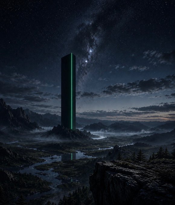 A tall black monolith with a glowing green vertical slit stands on a mountain peak beneath a starry night sky featuring the Milky Way, overlooking a misty valley with rivers and forests.