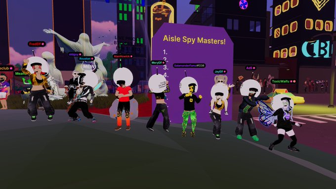 A colorful 3D virtual world scene showing a line of avatars wearing white afro wigs with name tags, in front of a purple sign reading 'Aisle Spy Masters!' with a numbered list.