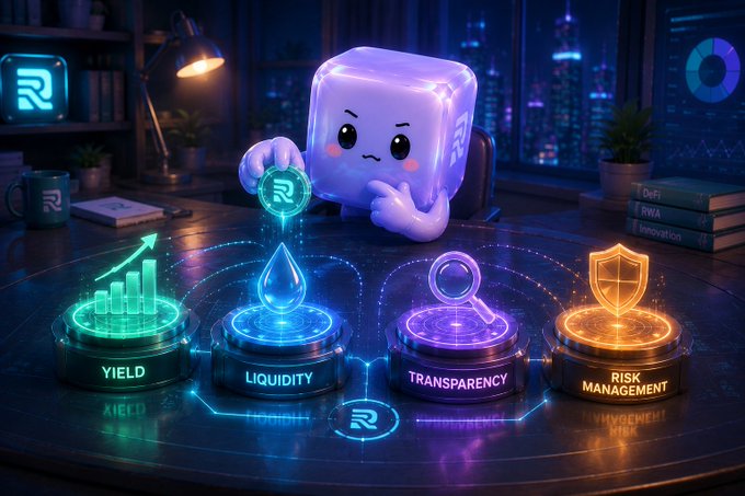 A 3D cartoon mascot character for the RWA token sits at a desk holding a coin, with four glowing holographic pedestals labeled YIELD, LIQUIDITY, TRANSPARENCY, and RISK MANAGEMENT.