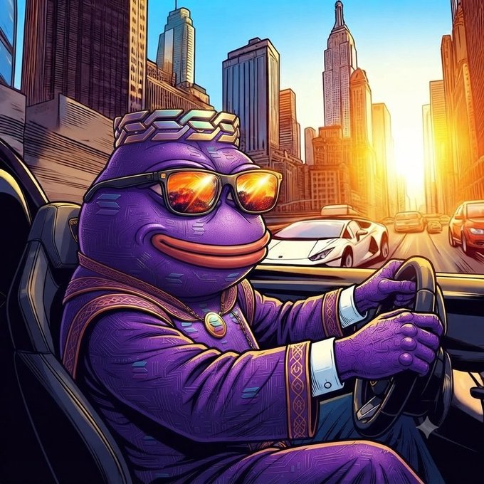 A vibrant cartoon illustration of a purple anthropomorphic frog wearing sunglasses and a crown, driving a car through a city street at sunset.