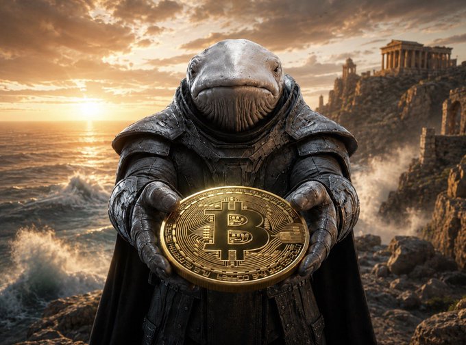 A dolphinknight in dark armor holds out a golden Bitcoin coin against a coastal Greek temple backdrop at sunset. The image serves as a whimsical giveaway graphic for the cbBTC prize announcement, with the Bitcoin symbolizing the .01 cbBTC reward being distributed to the 10 randomly drawn winners.