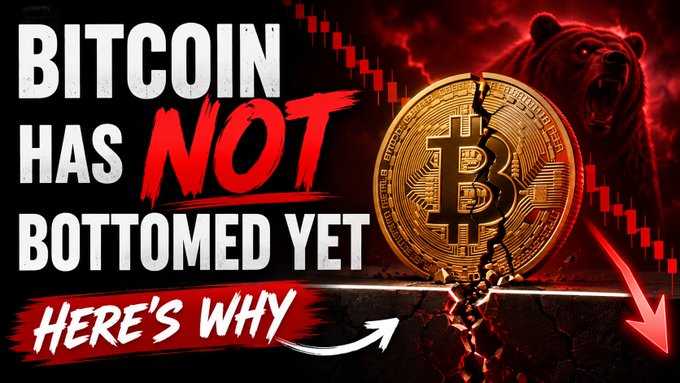 A dramatic YouTube thumbnail featuring a cracking gold Bitcoin coin, a roaring red bear, and a downward red chart arrow, with bold text reading "BITCOIN HAS NOT BOTTOMED YET — HERE'S WHY." The imagery visually reinforces the video's bearish thesis, using the cracking coin and bear to symbolize Bitcoin's expected further decline before any market bottom.