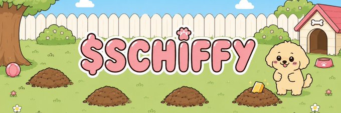 A cartoon banner displays the text "$SCHIFFY" in pink bubble letters across a backyard scene featuring a cute golden puppy sitting beside a pile of dirt with gold bars, accompanied by a doghouse and ball, visually playing on the post's theme of a meme coin that "accumulates" gold by trading against tokenized $GLD.