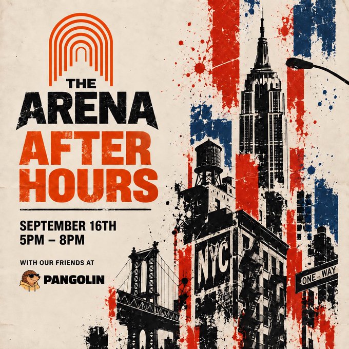 A gritty, paint-splattered event flyer for 'THE ARENA AFTER HOURS' on 'SEPTEMBER 16TH 5PM - 8PM', featuring illustrations of the Empire State Building, a water tower, and the NYC skyline in red, white, and blue.