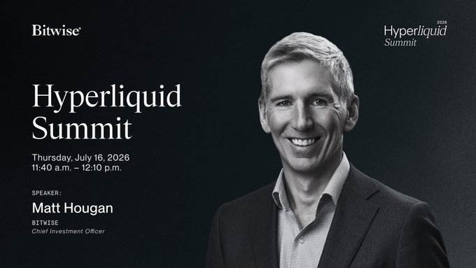 A promotional graphic for Bitwise's Hyperliquid Summit on Thursday, July 16, 2026 (11:40 a.m.–12:10 p.m.), featuring a smiling black-and-white portrait of speaker Matt Hougan, Chief Investment Officer at Bitwise—tying directly to the post's reference to "The @Matt_Hougan Effect."