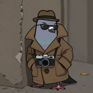 A cartoon pigeon dressed as a detective in a brown trench coat, fedora, and sunglasses, holding a camera while standing against a weathered wall.