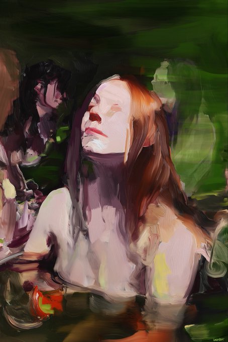 A painted portrait of a pale, red-haired woman with closed eyes emerges from dark green water alongside a shadowy figure, evoking the haunting lyric "swimming with ghosts" through the surreal, spectral atmosphere and ghostly companion haunting the submerged scene.