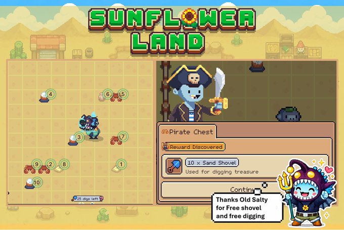 A screenshot of the 'Sunflower Land' pixel-art game showing a pirate character, a 'Pirate Chest' reward of 10 Sand Shovels, and a dialogue box with a character thanking 'Old Salty' for a free shovel and digging.