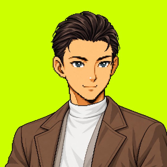 A pixel art style portrait of a young man with brown hair, blue eyes, wearing a white turtleneck under a brown blazer, set against a bright lime green background.