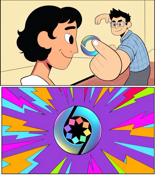 A two-panel comic where a person receives a colorful ring from another character in the top frame, followed by a bottom frame showing the ring glowing brightly against a vibrant, radiating background.
