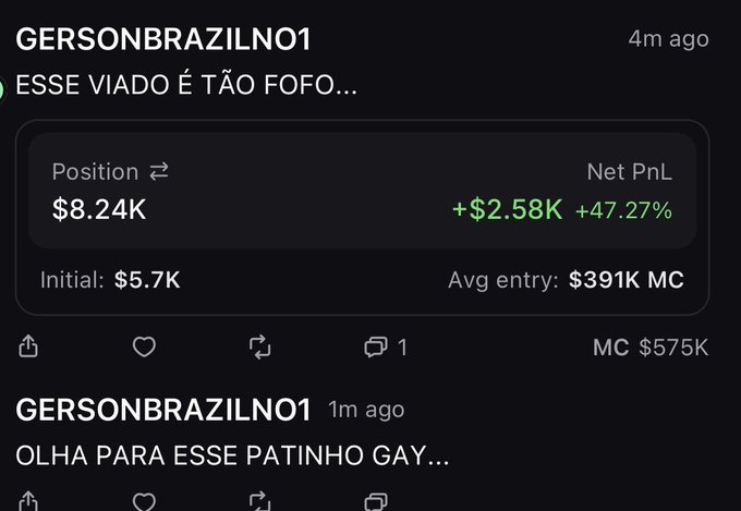A screenshot shows a social media post by user "GERSONBRAZILNO1" from 4 minutes ago commenting "ESSE VIADO É TÃO FOFO..." alongside a trading position card displaying $8.24K position value with +$2.58K net PnL (+47.27%), and a follow-up post stating "OLHA PARA ESSE PATINHO GAY..." The context suggests this trader is investing in NFT-based animal collectibles rather than crypto tech, illustrating the broader retail investor trend toward meme-driven animal assets.
