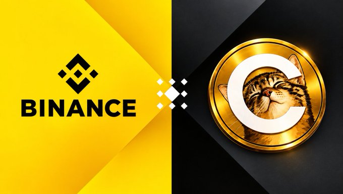 The image displays a promotional graphic featuring the Binance logo on a yellow background alongside a golden coin emblazoned with a "C" and a cat's face, representing the Cate ($CATE) token. The visual combines Binance's branding with the meme coin's imagery to advocate for the token's listing on the exchange.