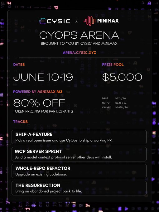 The image displays an advertisement for a CyberOps Arena event, which aims to bring together people interested in cyops research to a conference that will cover topics such as mining pools, blockchain technology, and more. The poster features a list of prize pool amounts, and there's also information on how to participate by using specific tokens, with the prices at $500 for 10 tickets, and 80% off the remaining ones. A submission deadline is set for June 16th, indicating that the CyberOps Arena event is focused on fostering innovation in cyops research through global collaboration.