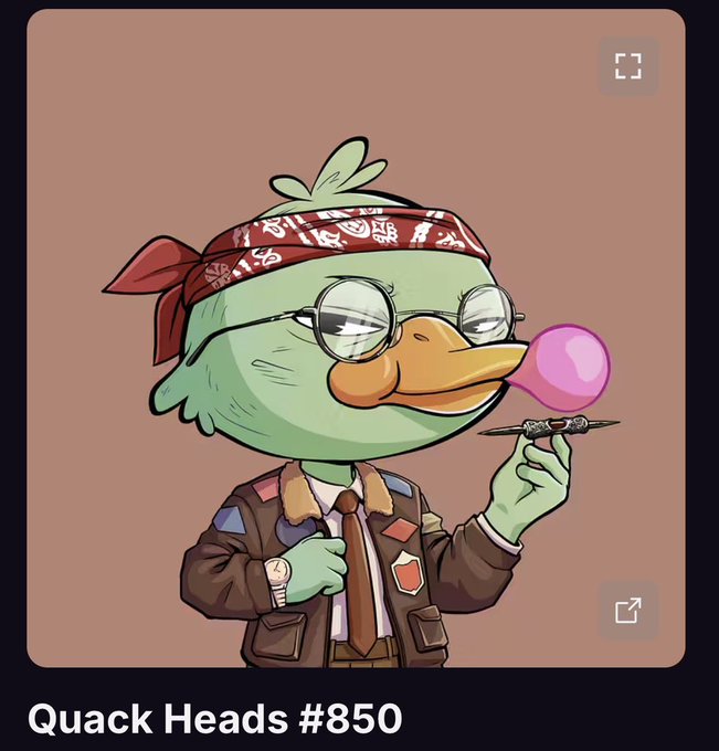 The image features a cartoon duck wearing glasses, a tie, and a bandana with pink and white colors. It has a toy airplane in its hand and appears to be holding a gum bubble. The text in the image reads "Quack Heads #850" and "@wallchain Quackers".