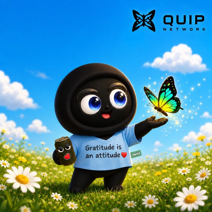 A 3D-rendered black cartoon character wearing a shirt reading 'Gratitude is an attitude' holds a coffee cup and a glowing butterfly in a flowery field, branded with the 'QUIP NETWORK' logo.