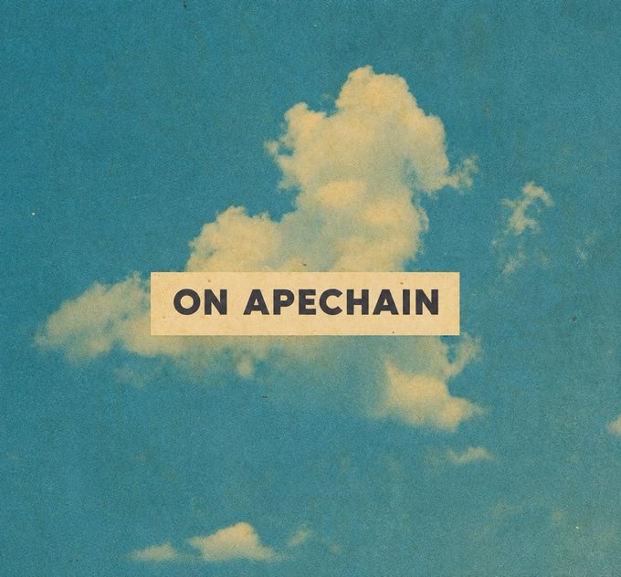 A vintage-style photograph showing a fluffy white cloud against a blue sky with the text 'ON APECHAIN' displayed in a beige rectangular banner across the center.