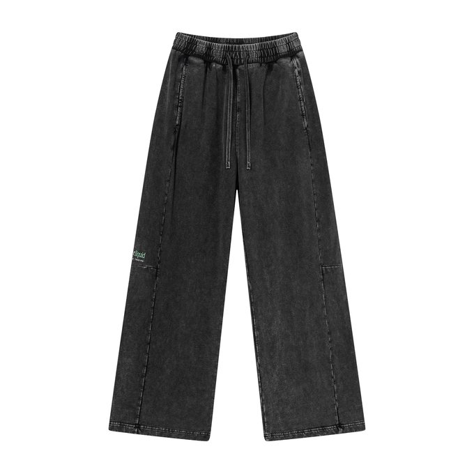 Black wide-leg sweatpants with an elastic drawstring waist and a small "RIP" logo embroidered on the left thigh, fitting the post's reference to the brand "rip" as a parody of luxury sweatpants.