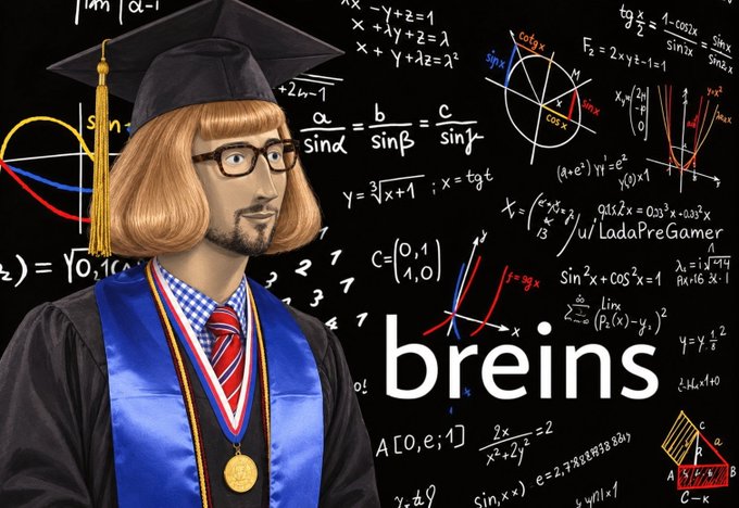 The same man, now in a graduation cap and gown with a medal, appears against a chalkboard background covered in mathematical equations and the word 'breins'.