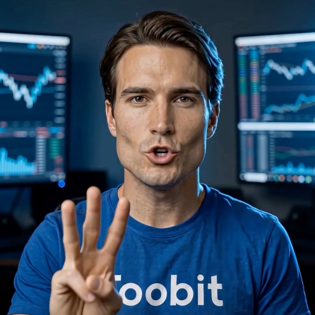 A man wearing a blue "Toobit" t-shirt holds up three fingers while speaking, with cryptocurrency trading charts displayed on monitors behind him. The image visually reinforces the post's message of "three things to practice before going live," as his raised fingers correspond to the three trading steps mentioned: opening a position, monitoring P&L, and closing a trade.