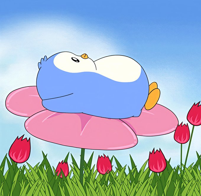 A cartoon illustration of a round blue and white bird-like character sleeping on a large pink flower surrounded by red tulips and green grass.