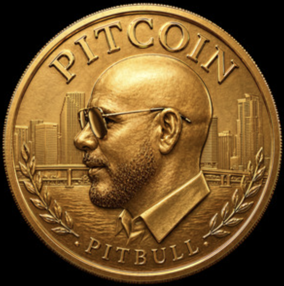 A gold commemorative-style coin features Pitbull's profile with sunglasses, set against a Miami cityscape and framed by laurel wreaths, with "PITCOIN" inscribed at the top and "PITBULL" at the bottom—visually referencing the artist's announcement of his 14th studio album titled *Pitcoin*.