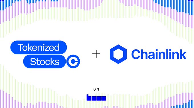 A promotional graphic showing 'Tokenized Stocks' + Chainlink logos with the word 'ON' above what appears to be Base branding, set against a background of pink, blue, and green vertical stripes.