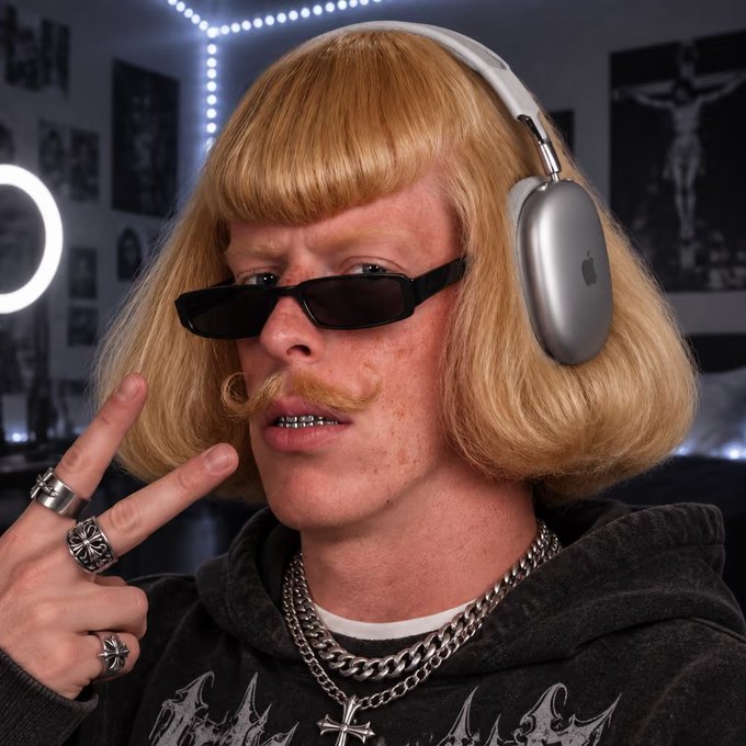 A person with a blonde bob wig, sunglasses, a curled mustache, grills, headphones, and gothic-style silver jewelry and rings poses for a selfie.