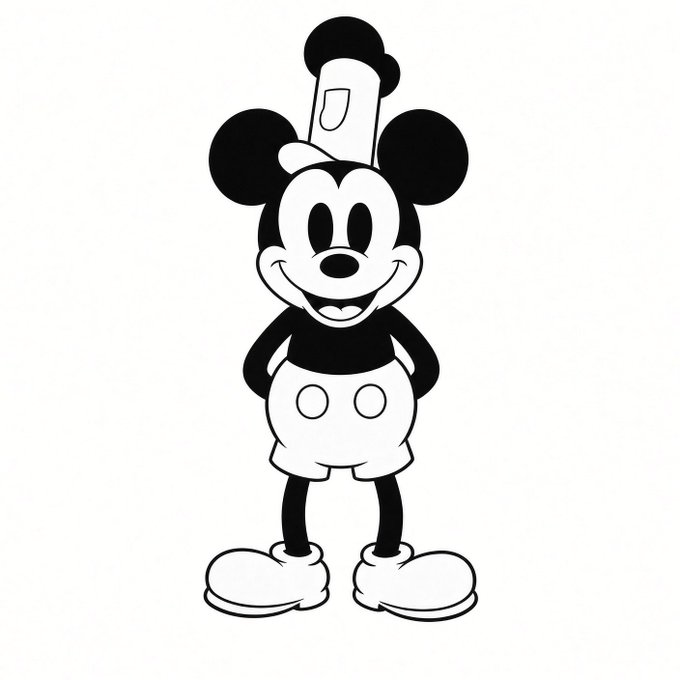 A black and white cartoon illustration of Mickey Mouse wearing a chef's hat, standing with his hands behind his back.