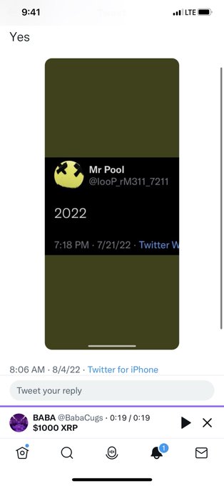 The image shows a Twitter/X reply thread where user "Mr Pool" (@looP_rM311_7211) simply replied "2022" at 7:18 PM on 7/21/22 to an original tweet, and "BABA" (@BabaCugs) responded with a $1000 XRP audio clip. The exchange humorously relates to the post's "XLM for Dttc for July" claim, with Mr Pool's "2022" reply seemingly poking fun at the vague date reference.