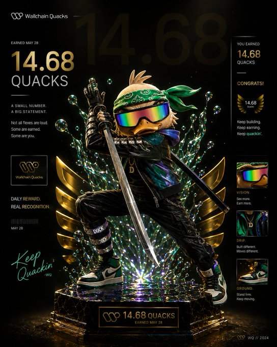 The image is an advertisement for a new figurine that is based on a character from the video game Sonic Adventure. The figurine is wearing a green bandana and holding a sword, which was used as a description of the character's weapons from the post. The title of the post reads "THE COMPRESSION SPRING UNCOILS ON @wallchain" and "the compounding engine just found a whole new gear! Bagged a massive 14.68 Quacks for May 28". This text indicates that the figurine was created based on the character Sonic Adventure's weapons and achievements during the month of May, which is in the post dated Monday, May 28.