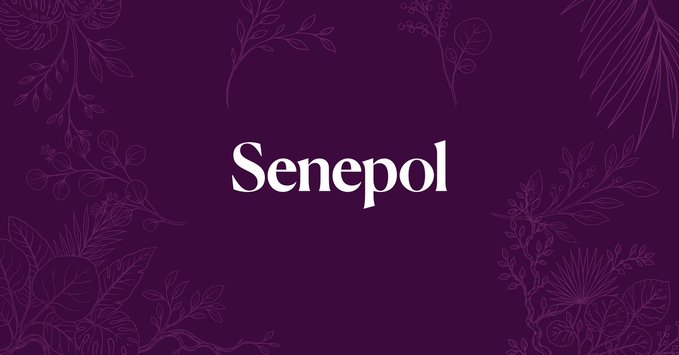 The word 'Senepol' is written in white serif text against a dark purple background with delicate floral and leaf patterns.