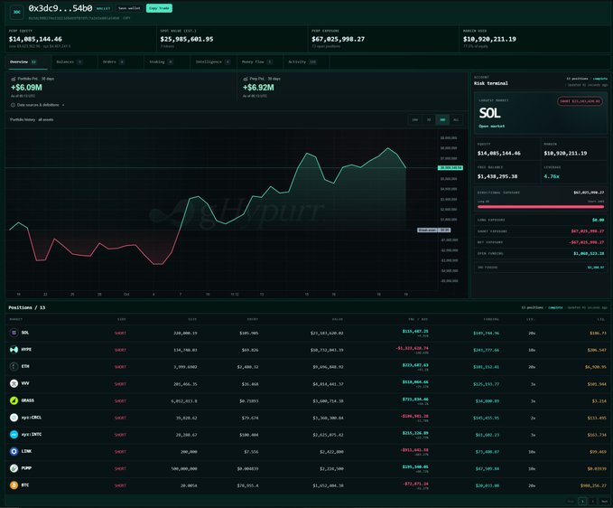 A financial portfolio dashboard showing account values around $14M-$19M with a line chart, positions table listing tickers like SOL, HYPE, ETH, and other crypto assets.